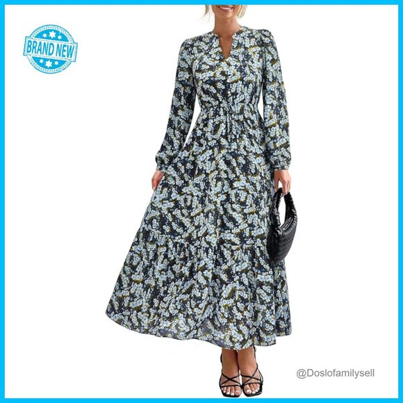 Dresses & Skirts - Boho Maxi Dress Floral Long Sleeve V-Neck Button Pockets Flowy Wedding Guest